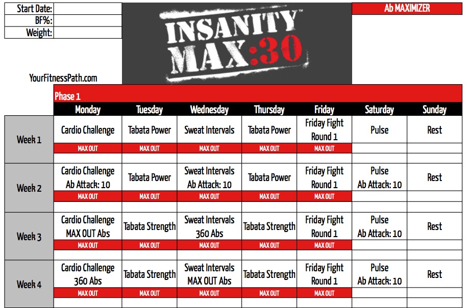 Insanity Max 30 Workout Calendar