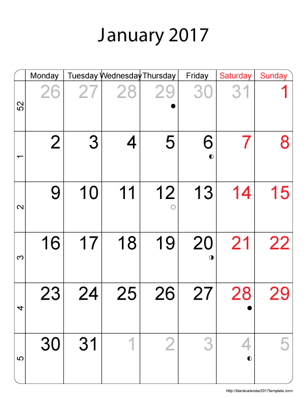 January 2017 Calendar Printable Template