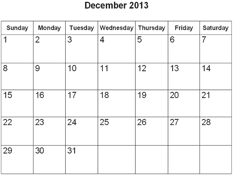 Printable Calendar For Month Of December 2013