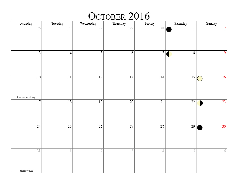 Printable Calendar November 2016 With Moon Phases