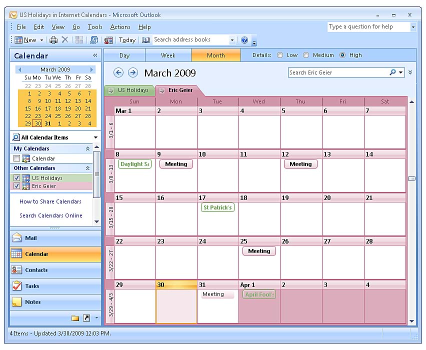 Using And Sharing The Calendar In Outlook 2007
