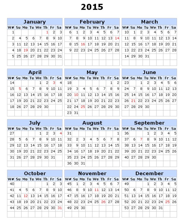 Weekly Number Calendar 2015