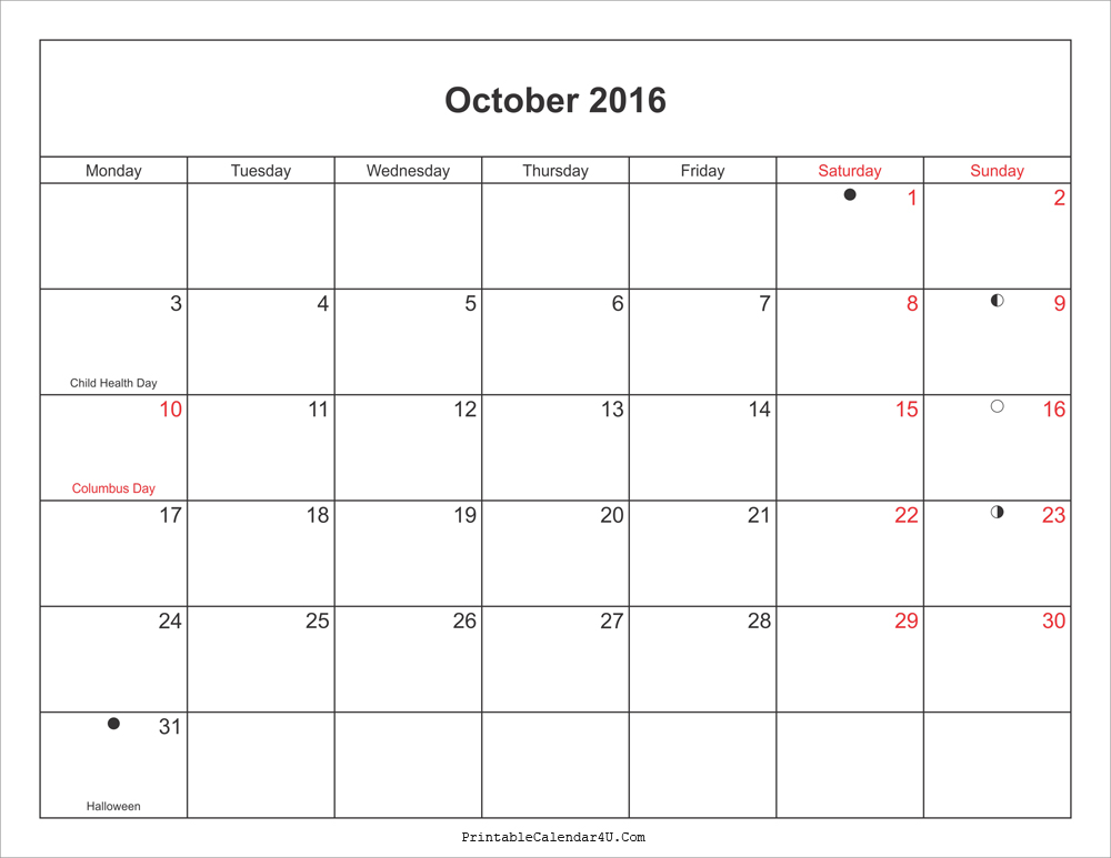 2016 October Calendar With Moonphases Pdf