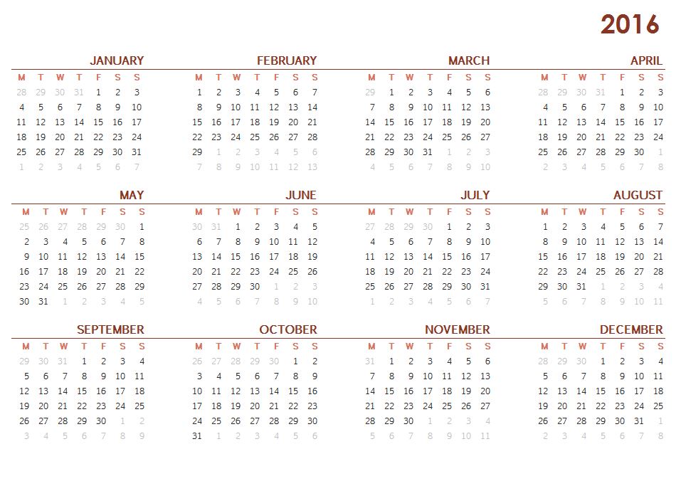 2016 Printable Calendar One Page