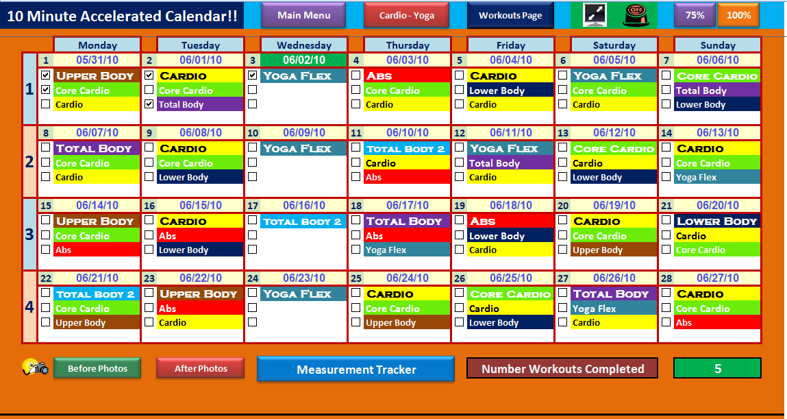 Excel Spreadsheet Calendar & Workout Tracker Tool For 10
