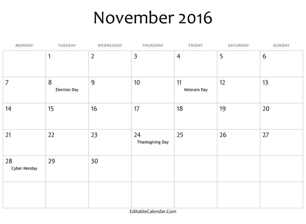 November Calendar 2016 And Holidays