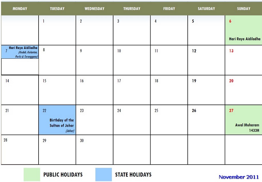 November Calendar Holidays