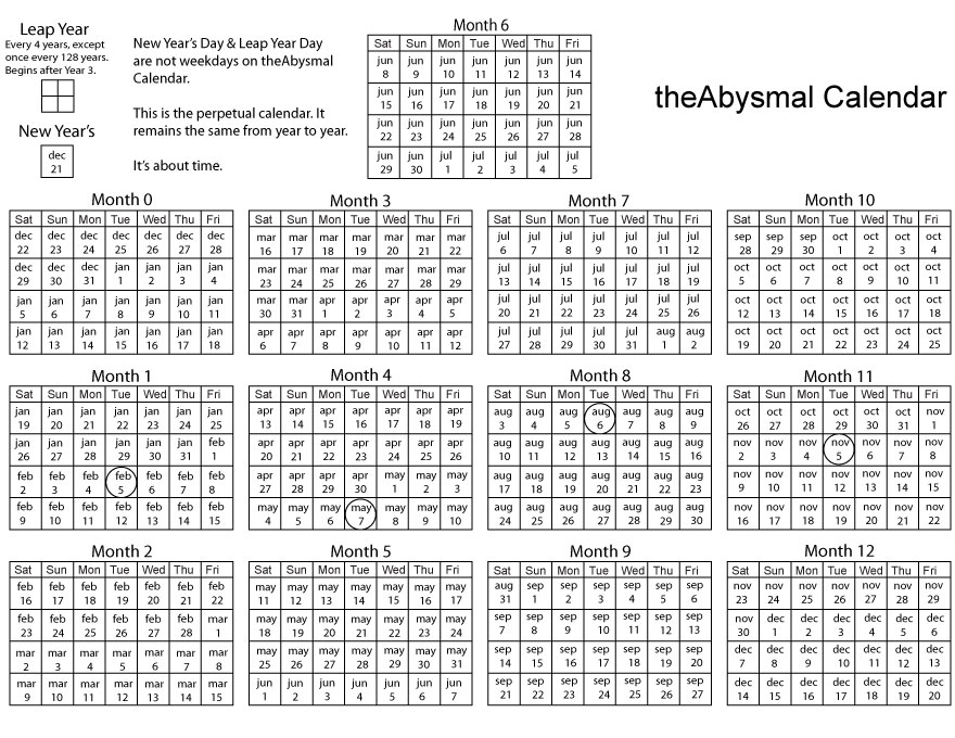 Theabysmal Calendar ~ The Perpetual 52~week Year