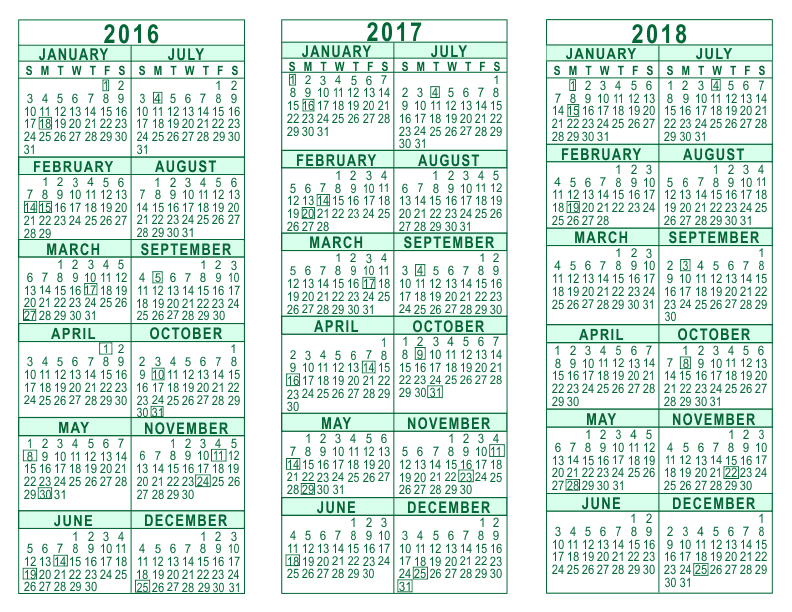 2016 2017 2018 3 Year Calendar