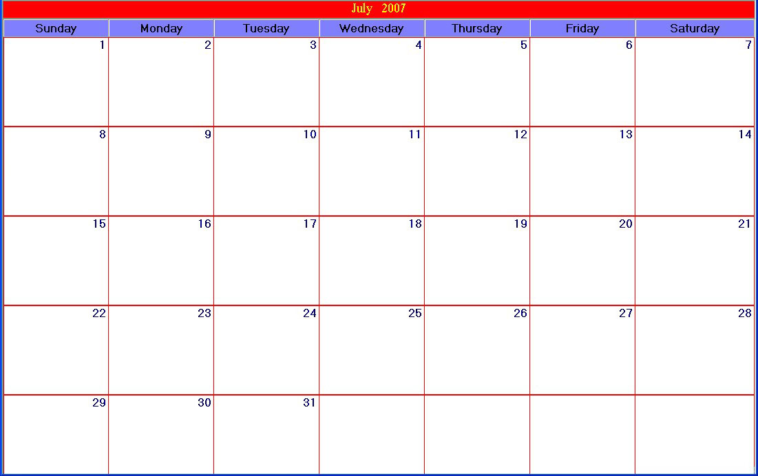 30 Day Calendar Template