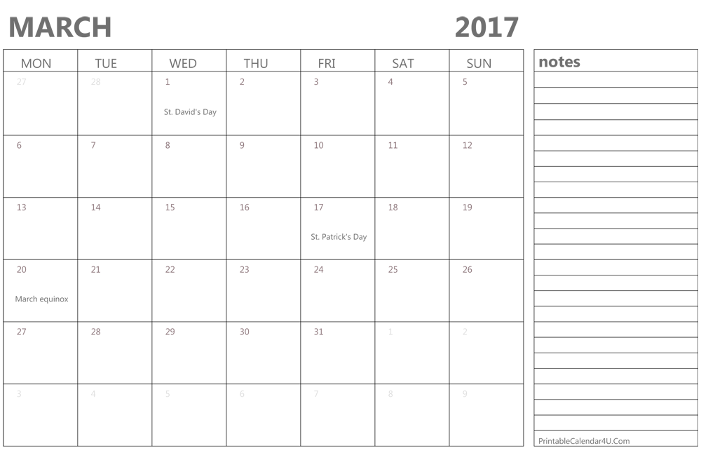 March Calendar 2017 With Holidays Printable