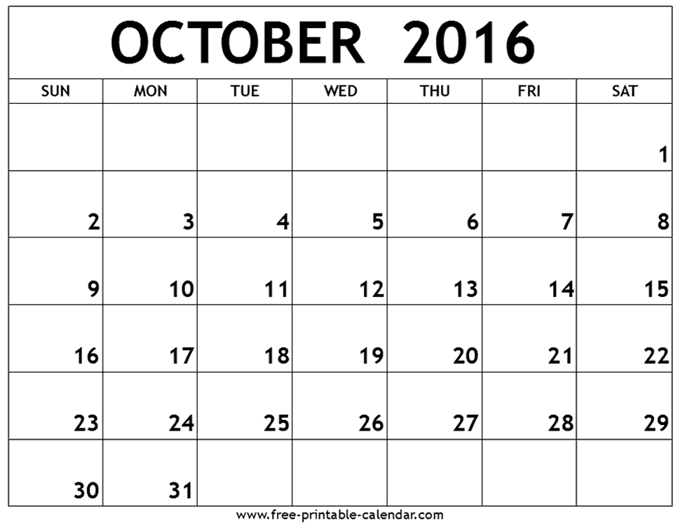 October 2016 Calendar Printable With Holidays