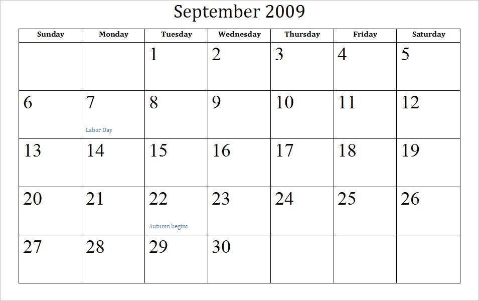 September 2009 Calendar With Holidays