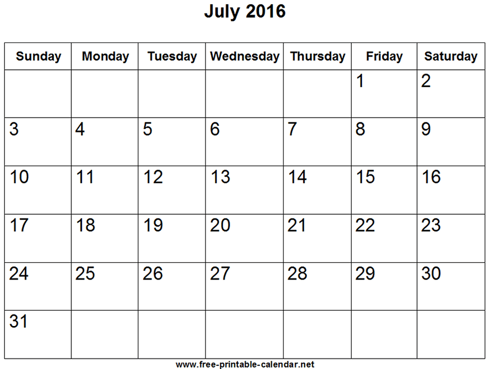 And July Printable 2016 Calendar