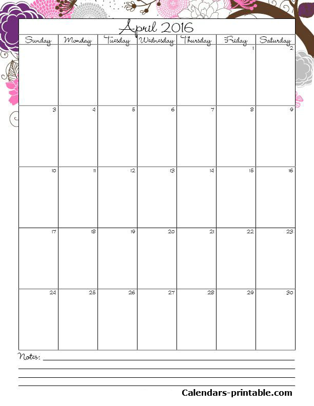 April 2016 Calendar For Kids
