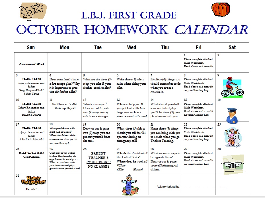First Grade News At Lbj  First Grade October Homework Calendar