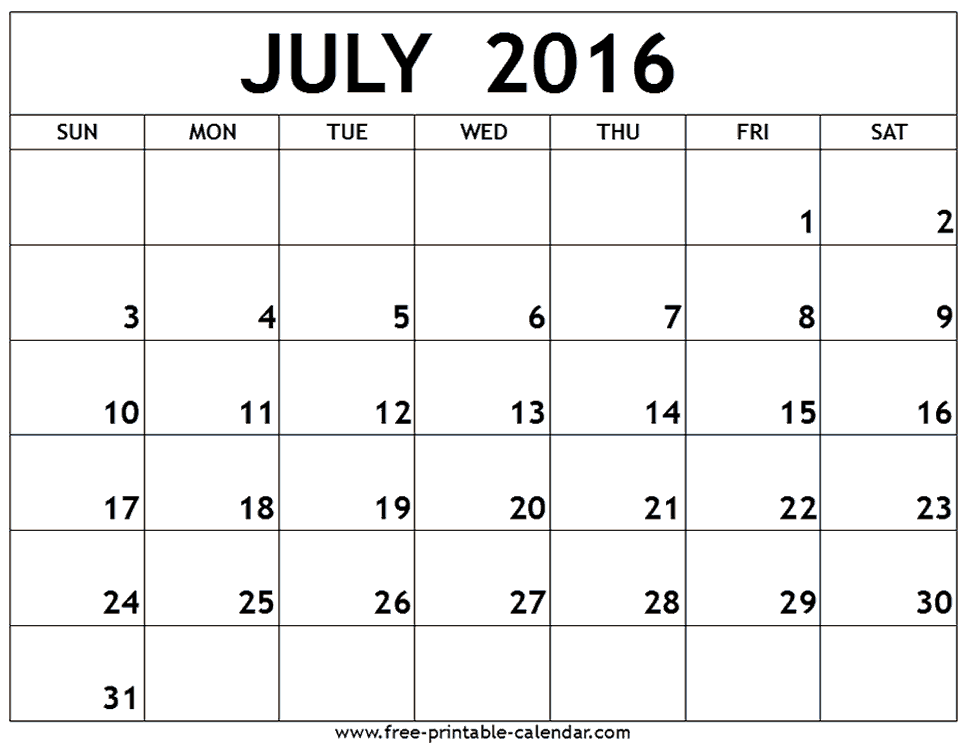July 2016 Calendar Month