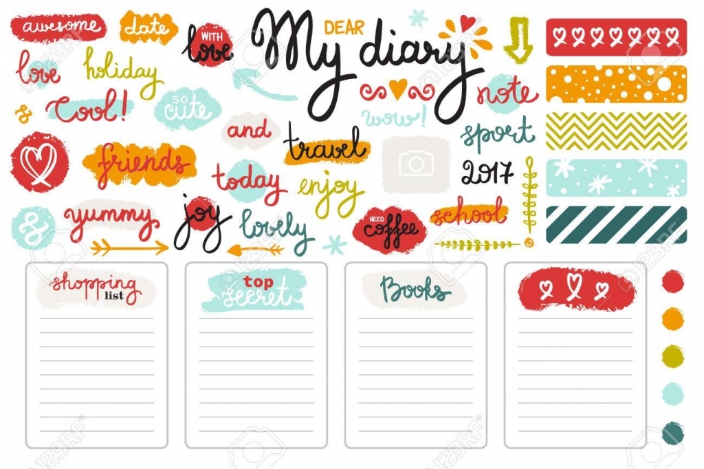 Set Of Hand Drawn Sketch Elements And Words For Girls Diary Girl Diary Template