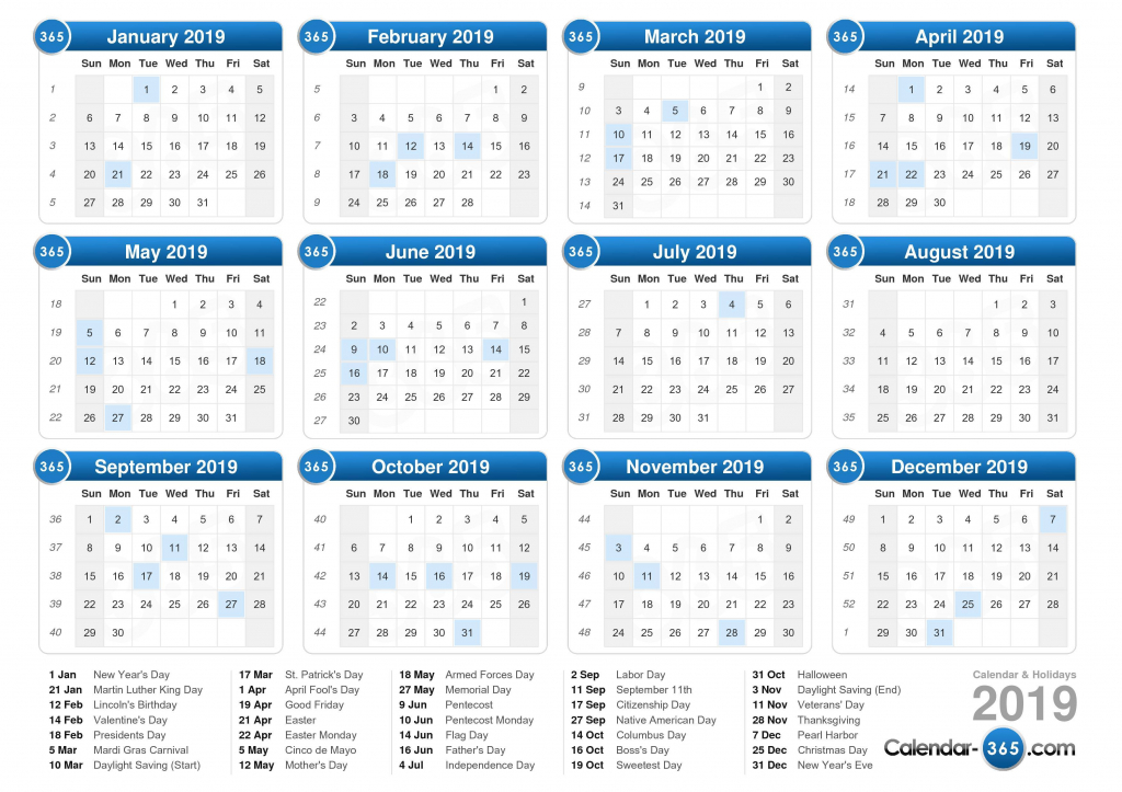 2019 calendar calendar with the day count