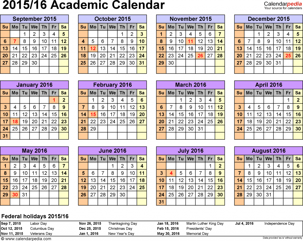 Academic Calendars 20152016 Free Printable Excel Templates 5 Year Holiday Calendar