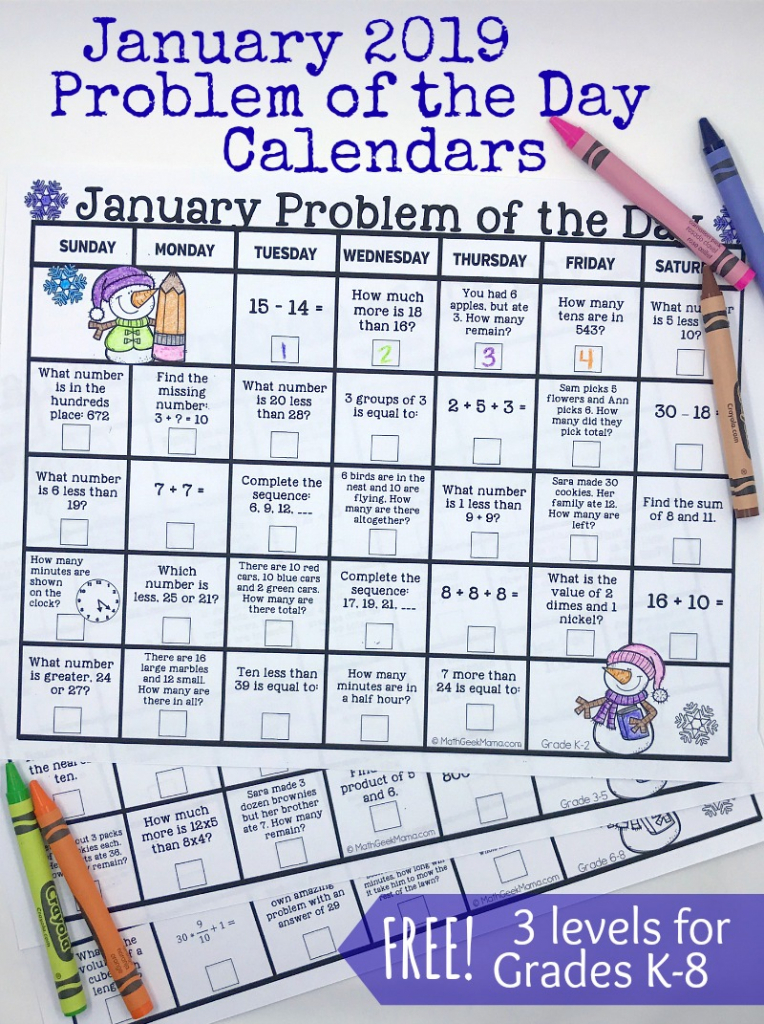 Free January 2019 Math Problem Of The Day Calendars Ceveryday Cou Ts Calendee Math Gradw 1