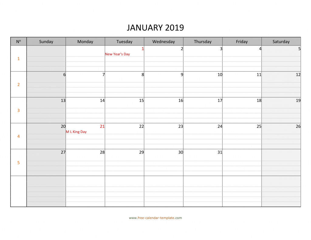 Monthly 2019 Calendar Free Printable With Grid Lines Calendar Template With  Lines