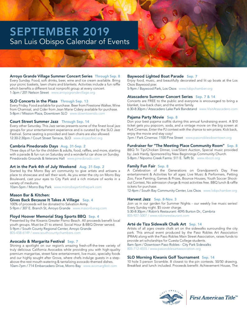 September 2019 Calendar Of Events For San Luis Obispo County Slo Court Calendar
