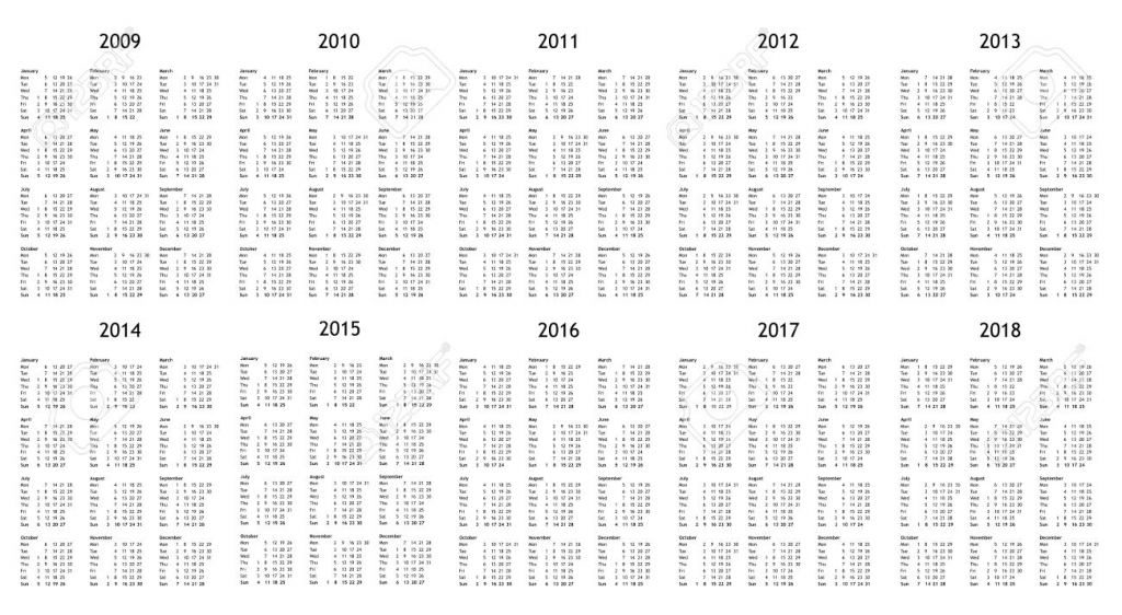 10 Years Calendar From 2009 To 2018 10 Years Calendar