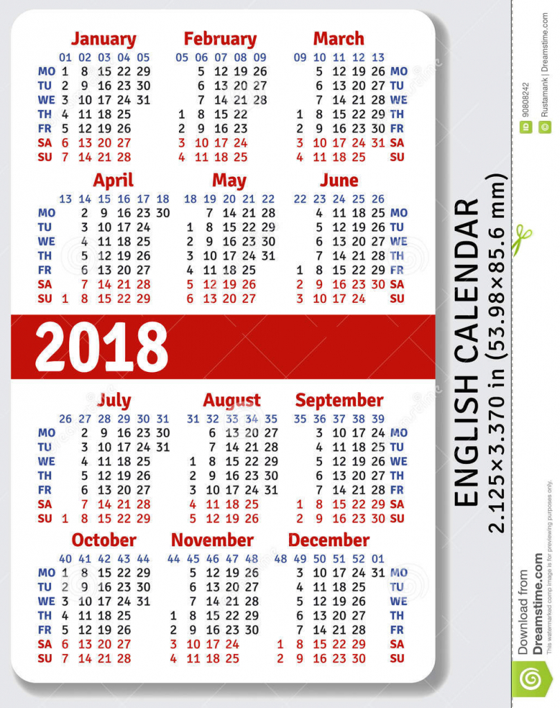 English Pocket Calendar For 2018 Stock Vector Illustration Wallet Size Calendar Template