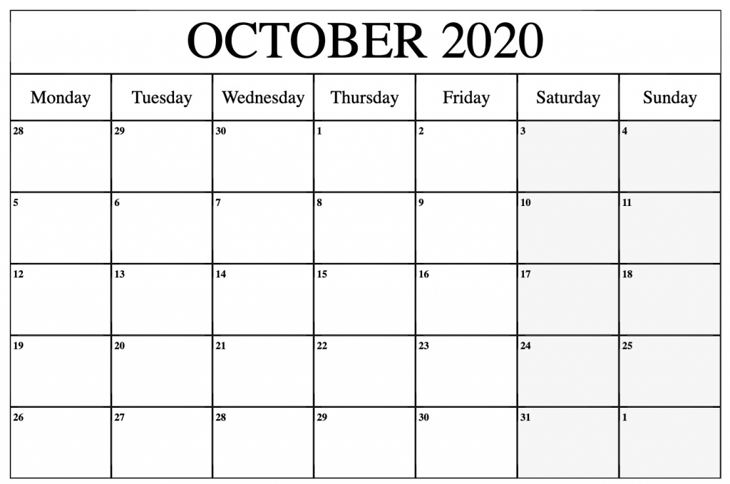 october 2020 calendar pdf word excel template monday to friday 2020 october calendar