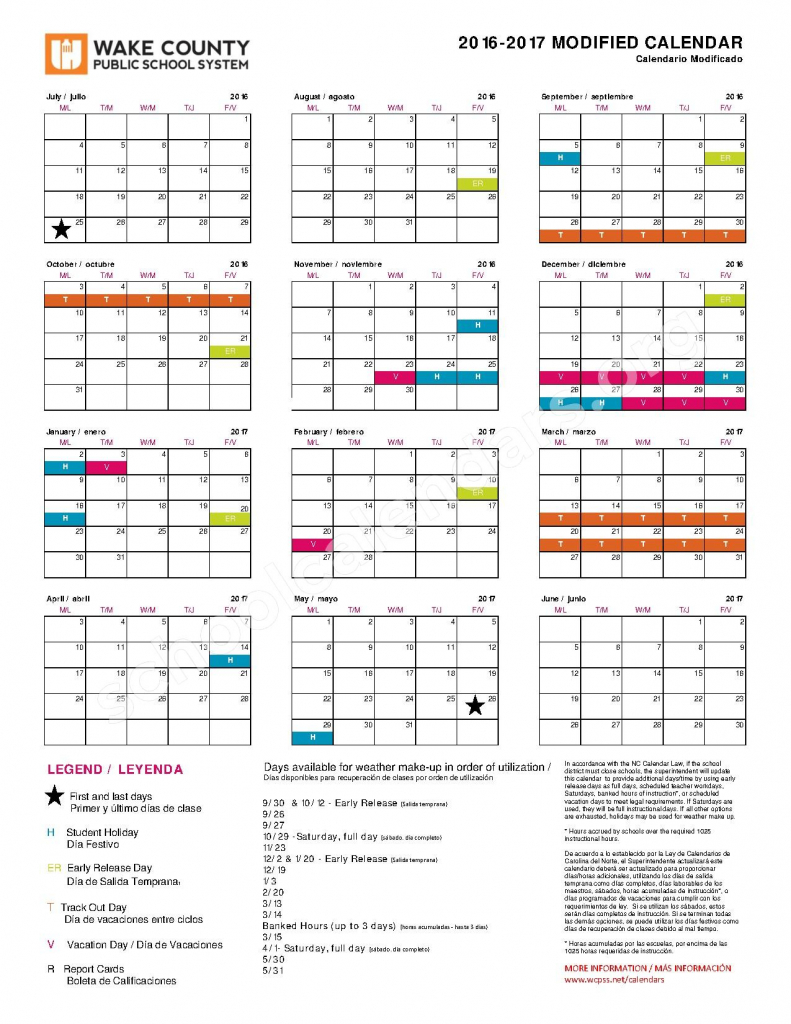 2016 2017 Modified Calendar Wake County Public School Year Round Calendar Wcpss