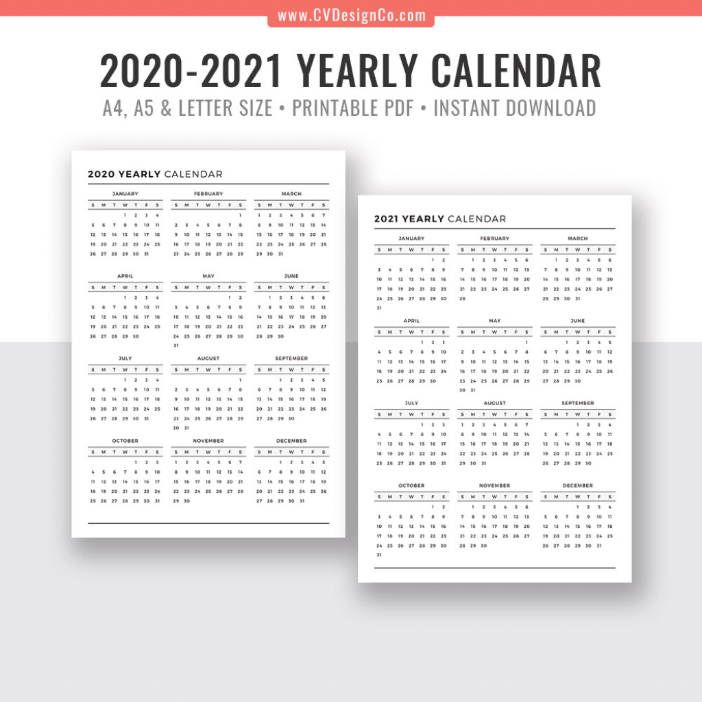 2020 2021 yearly calendar year at a glance digital printable planner inserts sunday start black white printable planner filofax a5 a4 letter calendar week at a glance template 2020