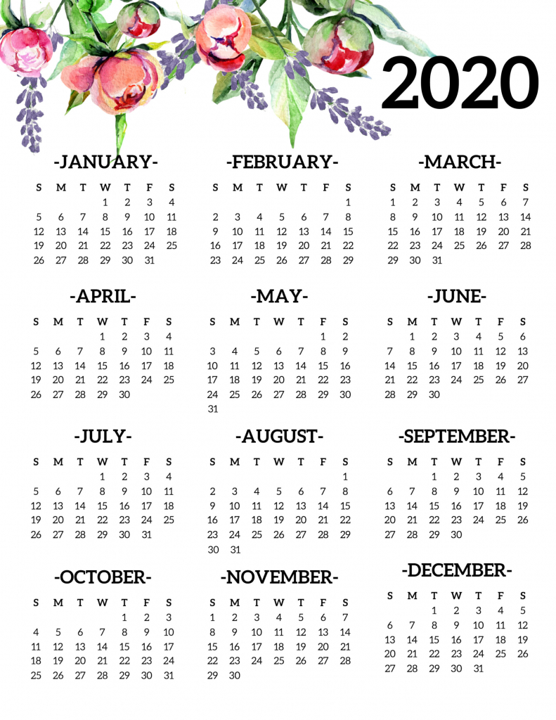 Free Printable 2020 Calendar Yearly One Page Floral Paper 2020 Calendar Print Free