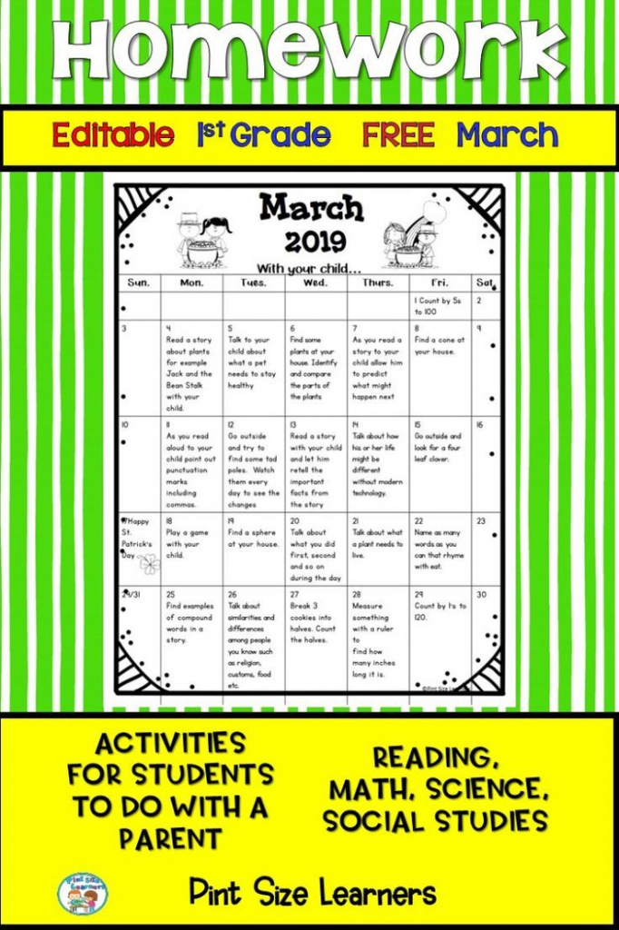 homework calendar first grade free editable march 2019 first grade homework calendar printable