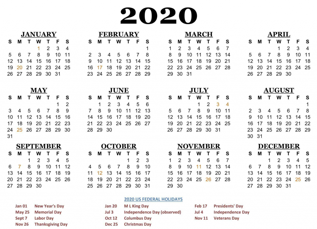 One Page 2020 Printable Us Calendar December Calendar 5 Year Us Calendar