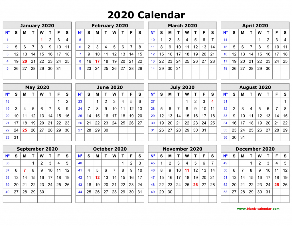Printable One Page 2020 Calendar Kaldebwongco 2020 Calendar Print Free