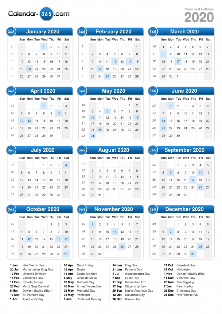 2020 Calendar Calendar 2020 With Day Count 2