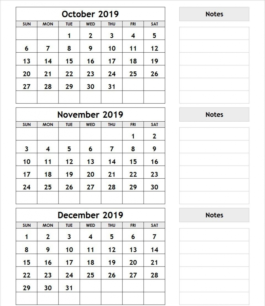 3 Month Calendar October November December 2019 Printable Printable Three Month Calendar Template