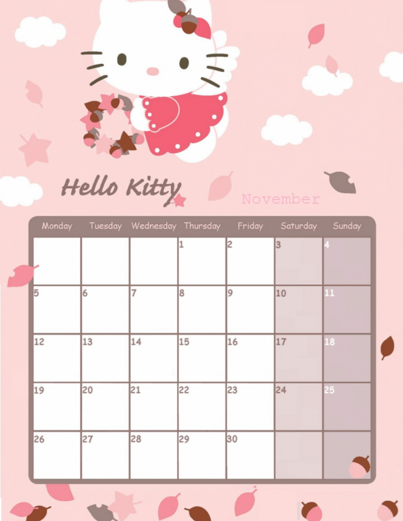 November 2018 Calendar Latest Calendar Hello Kitty October Printable Calendar 2020