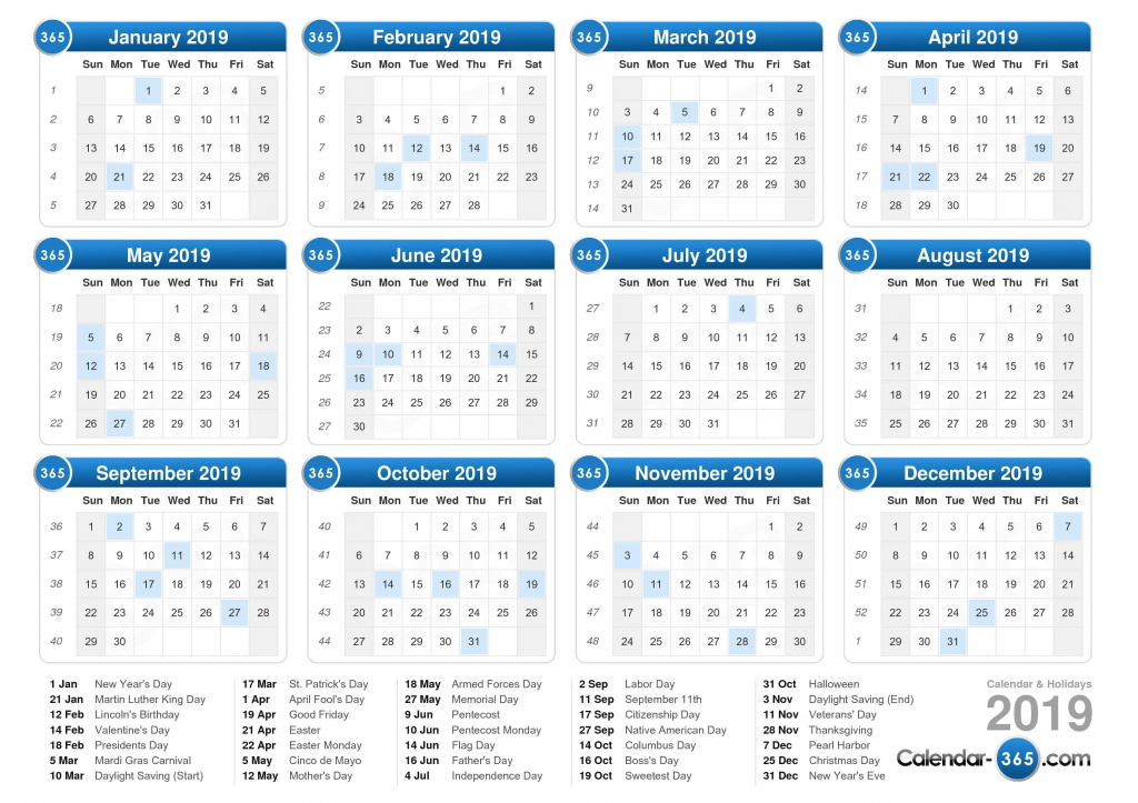 2019 calendar printable calendar with day count