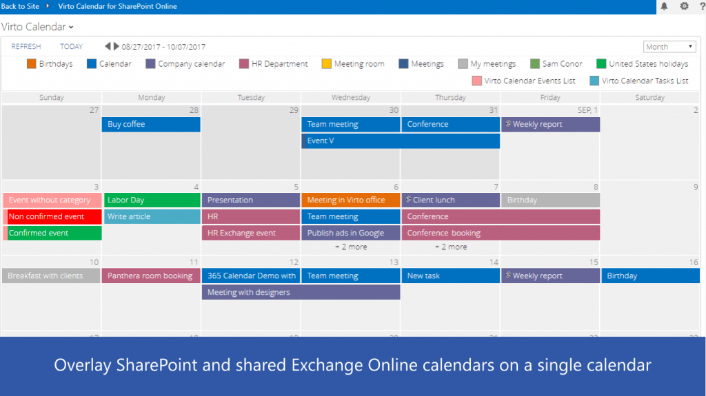 calendar overlay virto sharepoint 2020 calendar color coding