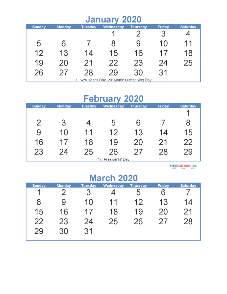 free printable 3 month calendar 2020 january february march free printable 6 week calendar 2020