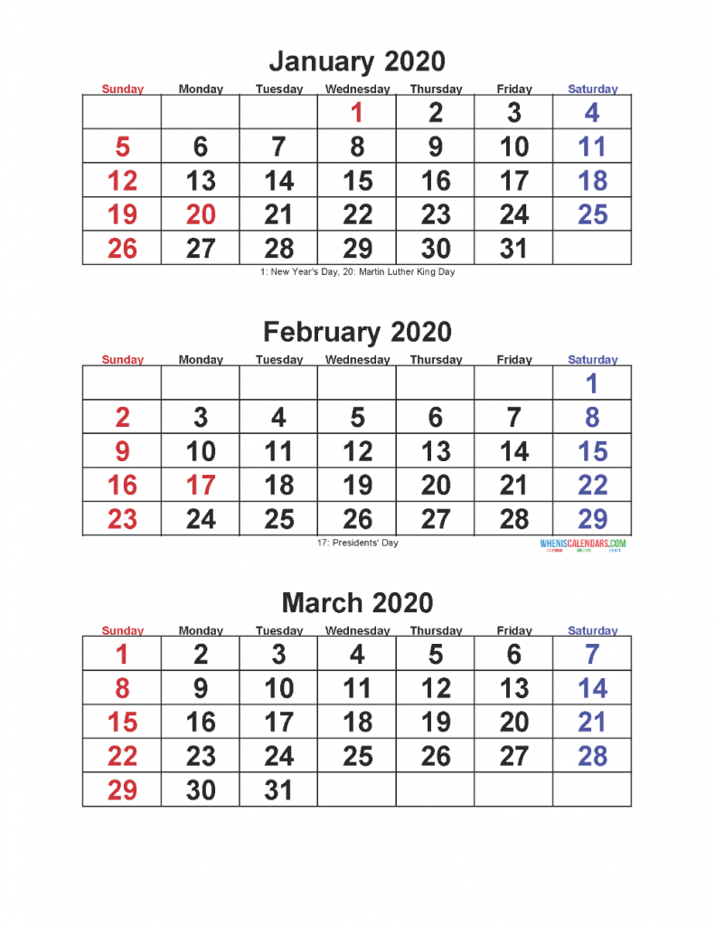Jan Feb Mar 2020 Calendar 3 Months Per Page Free Printable Free Printable 6 Week Calendar 2020