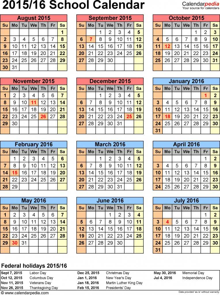 school calendars 20152016 free printable pdf templates 6 week school calendar