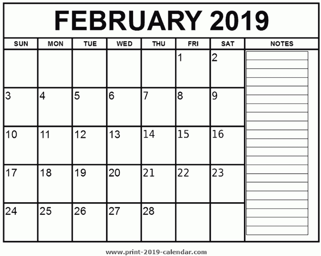Printable February 2019 Calendar Printable Calendar With Notes On The Side