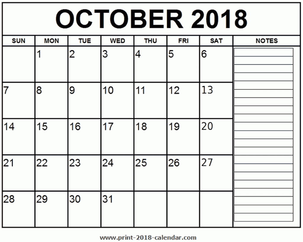 printable october 2018 calendar printable calendar with notes on the side