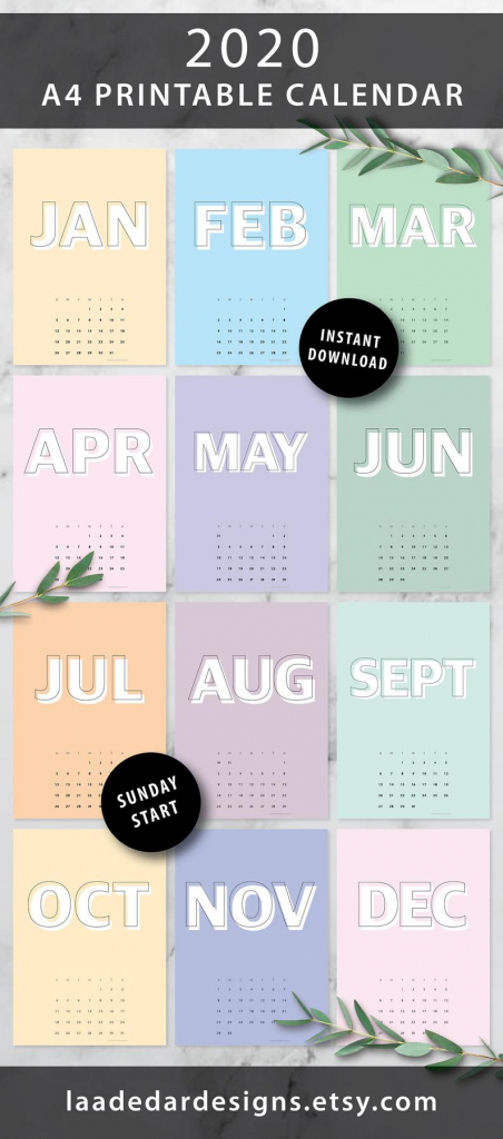 2020 printable calendar a4 12 month calendar wall art 7 day a4 calendar