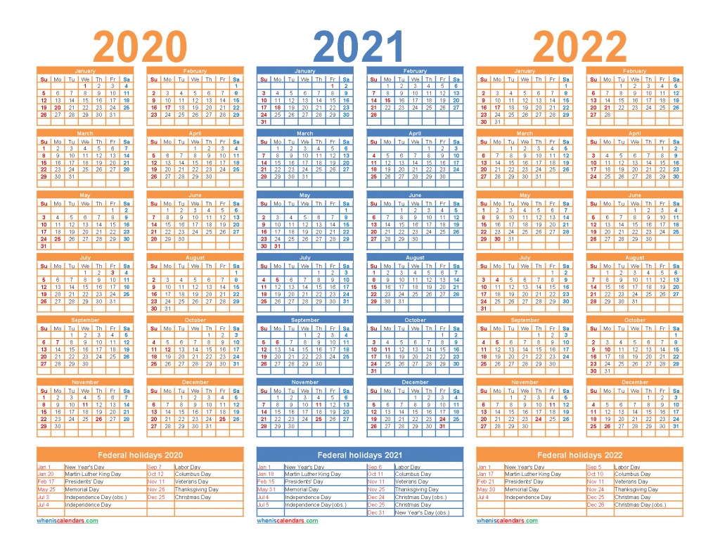 3 Year Calendar 2020 To 2022 Printable Free Printable 2020 3 Year Calendars