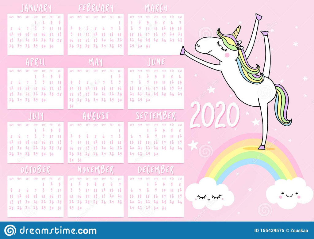 unicorn calendar for 2020 year stock vector illustration printable monthly calendar 2020 with my little ponies