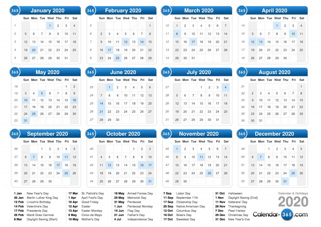 2020 calendar calendar with total day counts